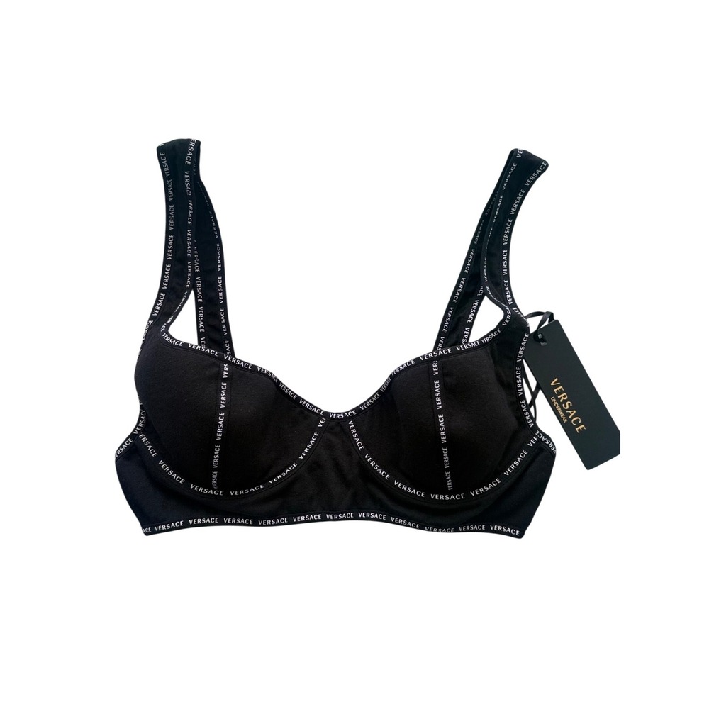 Versace Underwear Black Logo Tape Underwire Bra AUD08022 Nero Size 1C NWT‎